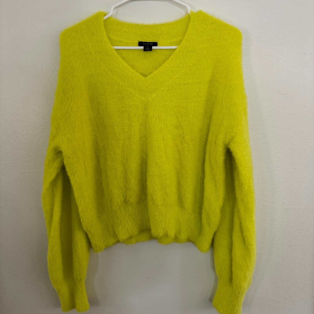 Neon Yellow Fuzzy V-Neck Sweater